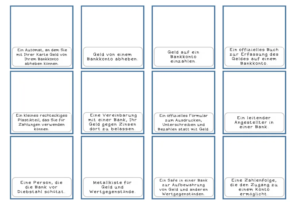 German banking definition-only cards 1–12 describe an ATM, withdrawals, deposits and nine more concepts.