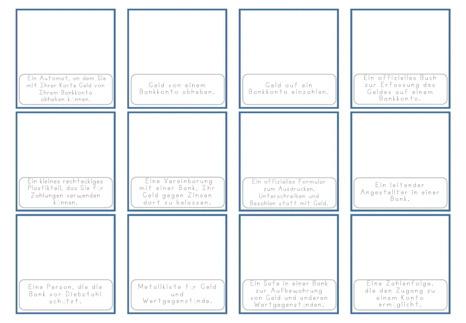 German banking cards 1–12 contain traceable definitions of an ATM, withdrawals and ten more, without pictures.