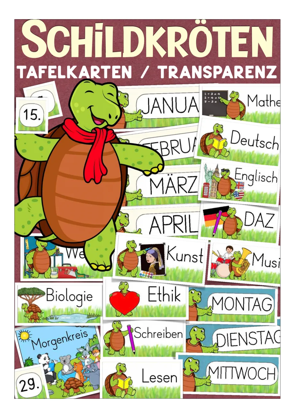 Cover of the German turtle-themed classroom card resource, showing weekday, month, date, and subject samples