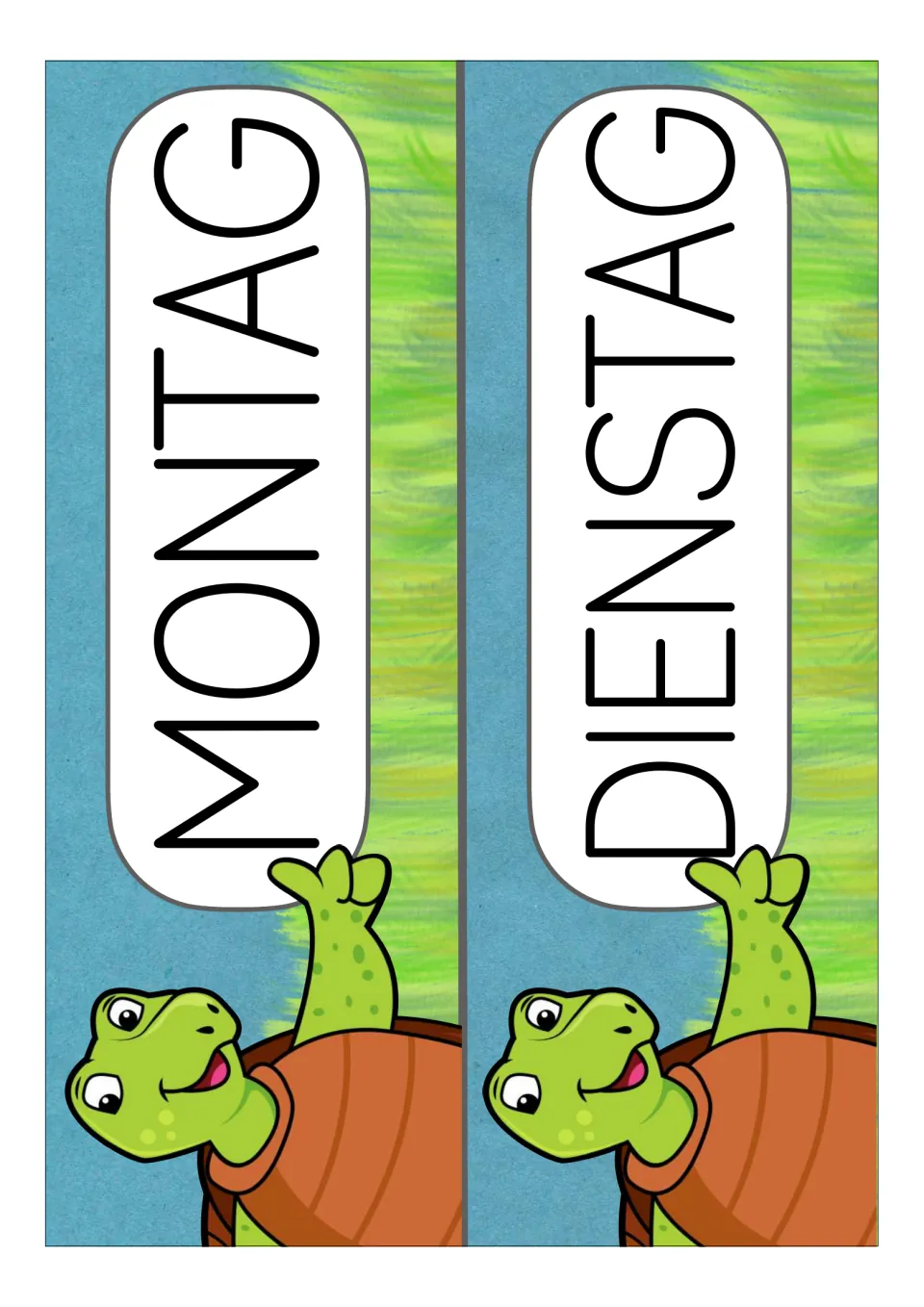German weekday display cards for Montag (Monday) and Dienstag (Tuesday), two cards from the classroom set