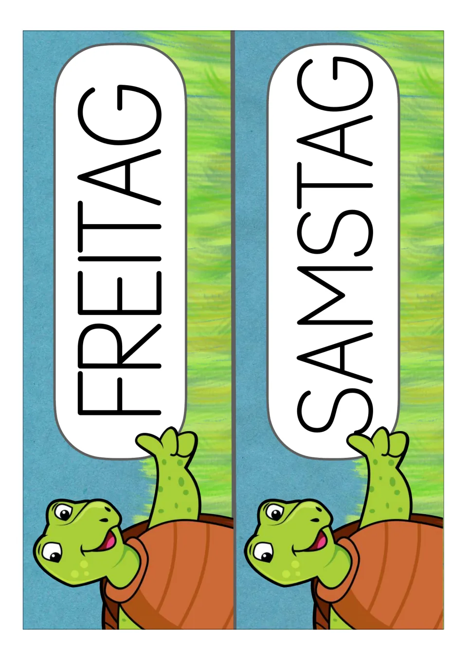 German weekday display cards for Freitag (Friday) and Samstag (Saturday), two cards from the classroom set
