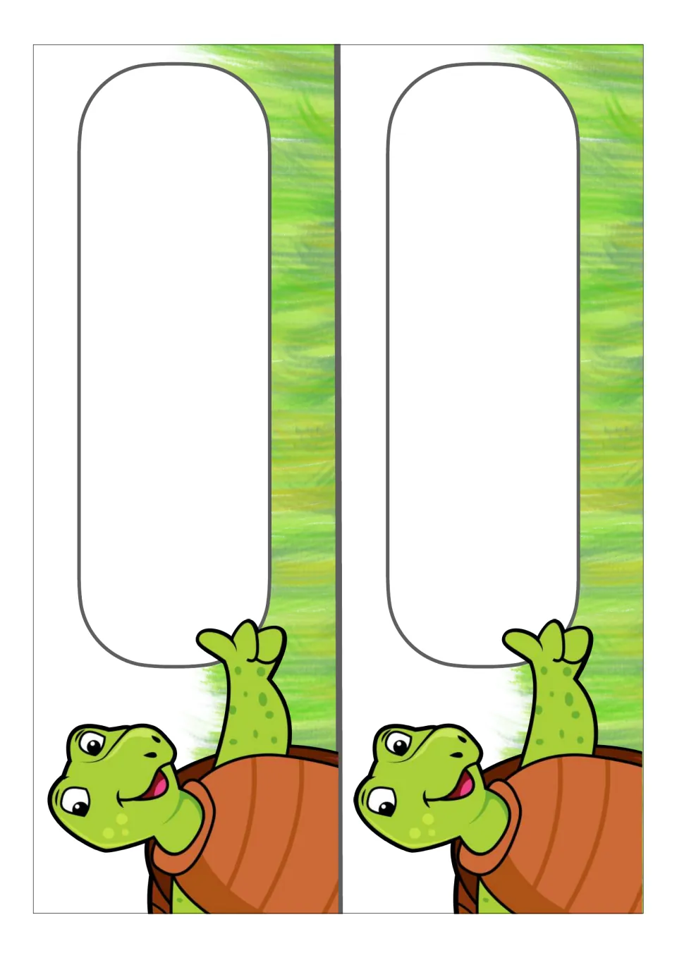 Two blank turtle-themed classroom display card templates with white backgrounds and no printed labels