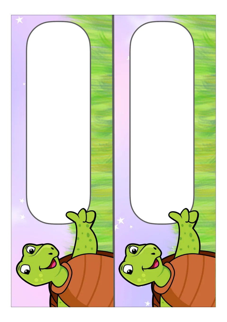 Two blank turtle-themed classroom display card templates with pastel backgrounds and no printed labels