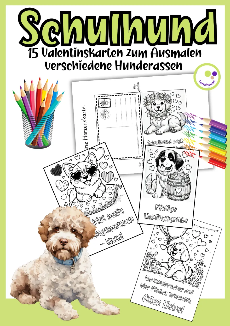 Cover for a set of 15 German Valentine's Day coloring cards featuring different dog breeds and greetings