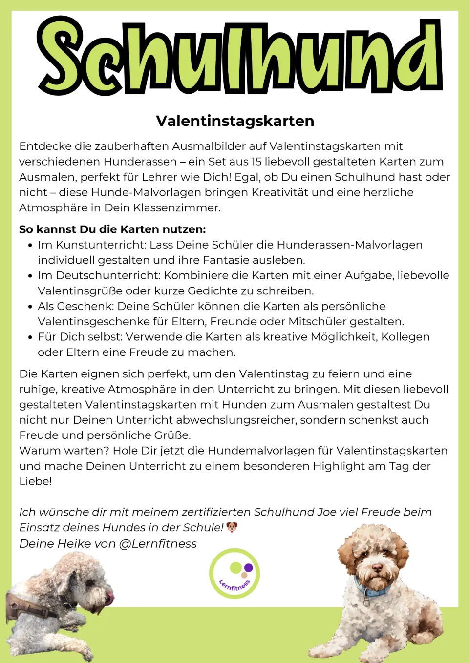Teacher introduction to the 15 dog Valentine cards, with uses for art, German writing, and personal gifts