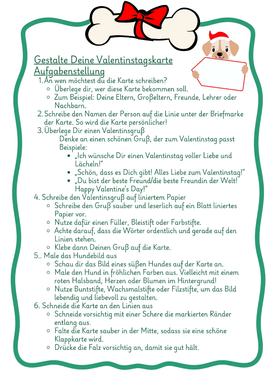 Color instruction sheet: choose a recipient, write a German Valentine greeting, color, cut, and fold the card
