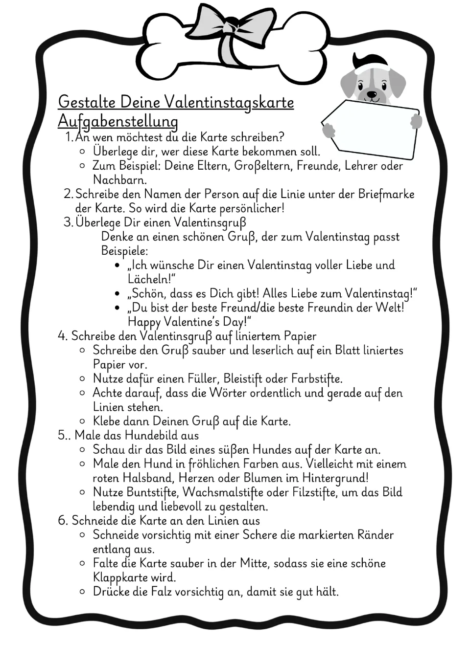 Black-and-white instructions for choosing a recipient, writing a greeting, coloring, and assembling a Valentine