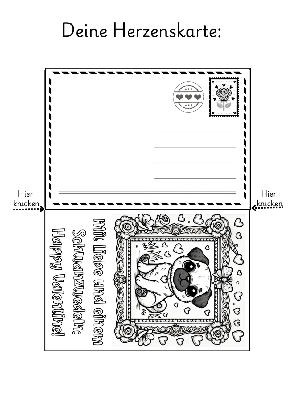Dog Valentine coloring card 1: a pug and the German greeting meaning 'With love and a wag: Happy Valentine!'
