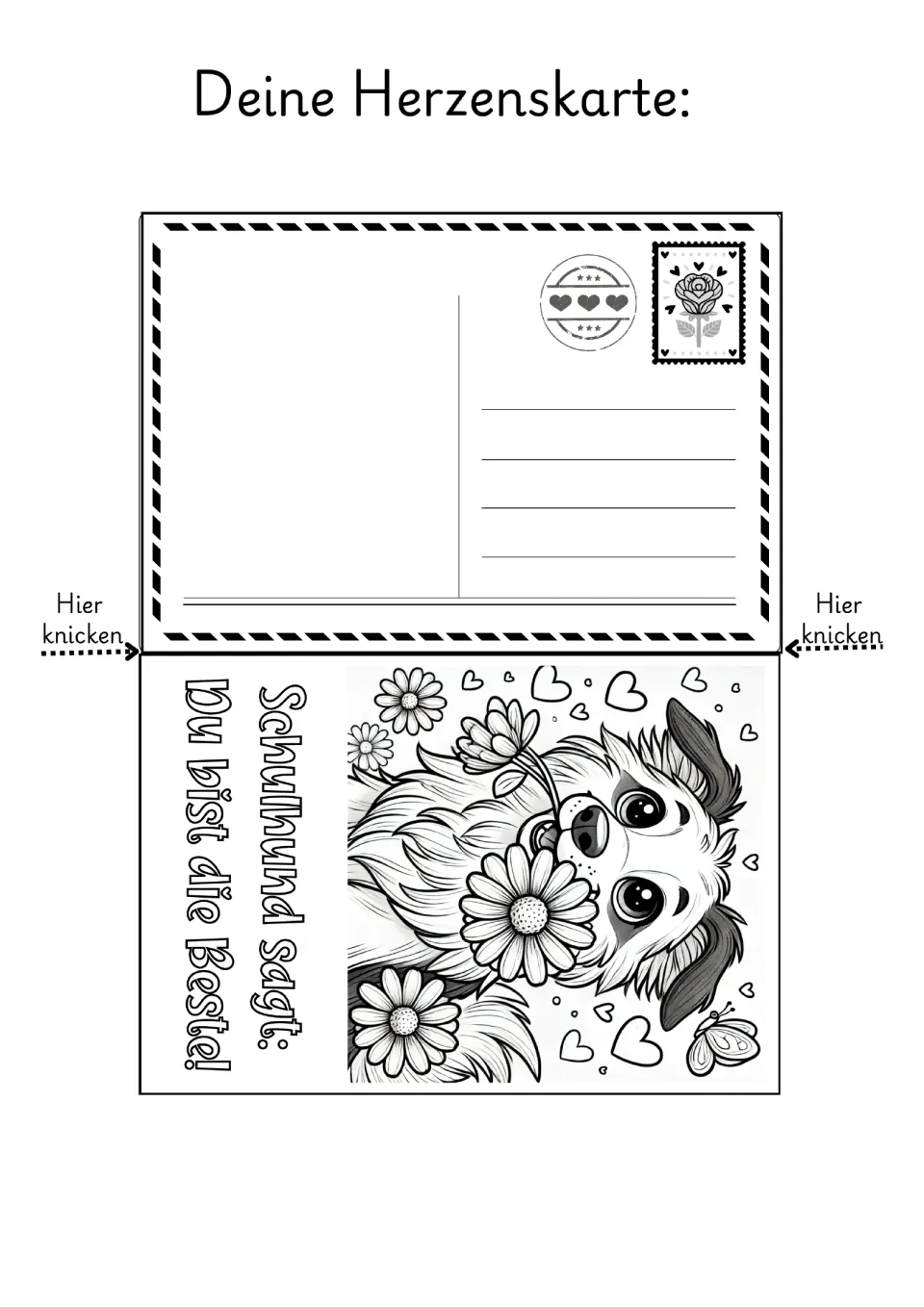 Dog Valentine coloring card 2: a dog holding flowers and 'Du bist die Beste!' (You're the best!, feminine)
