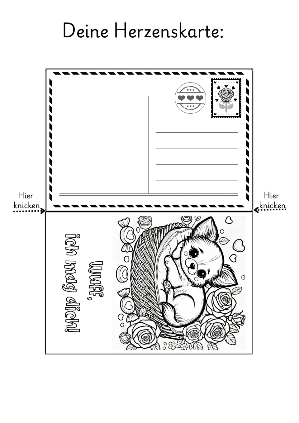 Dog Valentine coloring card 3: a Chihuahua resting in a basket and 'Wuff, ich mag dich!' (Woof, I like you!)