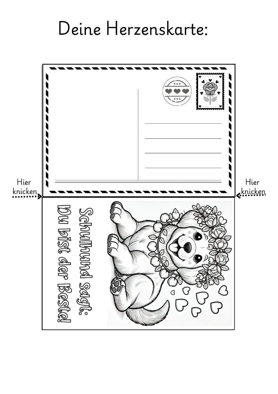Dog Valentine coloring card 4: a puppy wearing flowers and 'Du bist der Beste!' (You're the best!, masculine)
