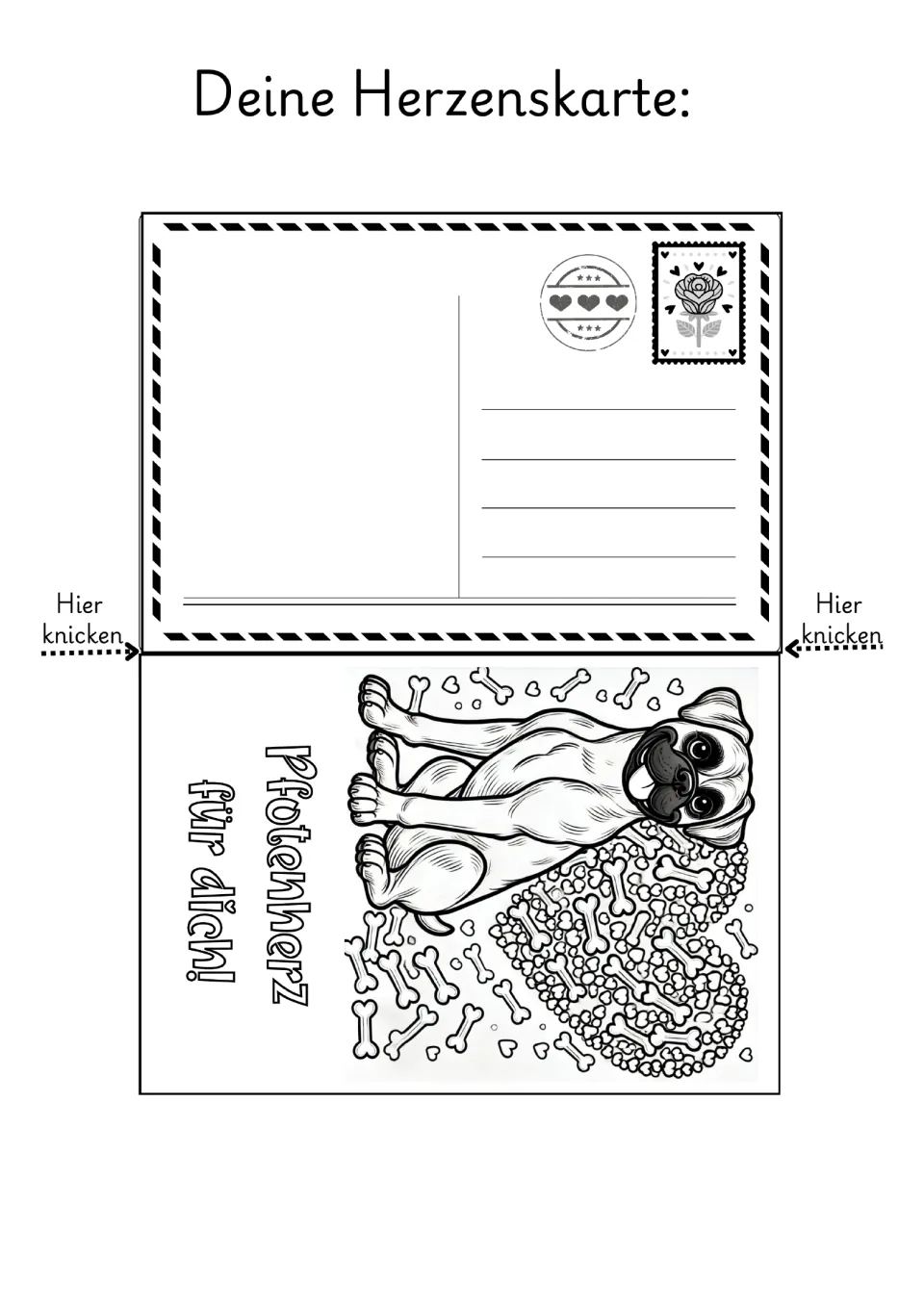 Dog Valentine coloring card 5: a seated dog beside a bone-filled heart and 'Pfotenherz für dich!' (Paw heart for you!)