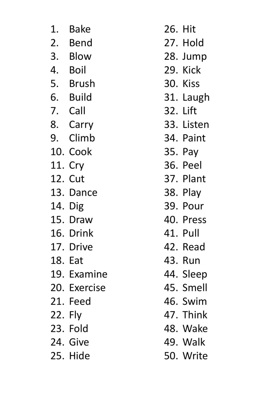 English reference list for the German verb flashcards: 50 actions, from bake, bend and blow to walk and write