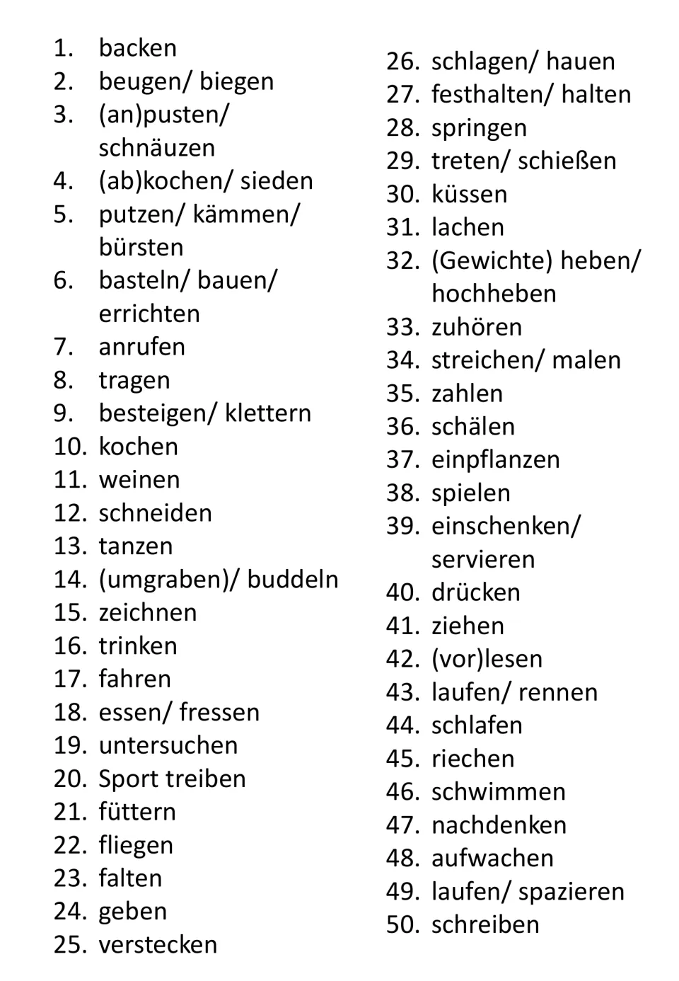 German reference list for 50 verb flashcard groups, including backen (bake), beugen/biegen (bend) and more