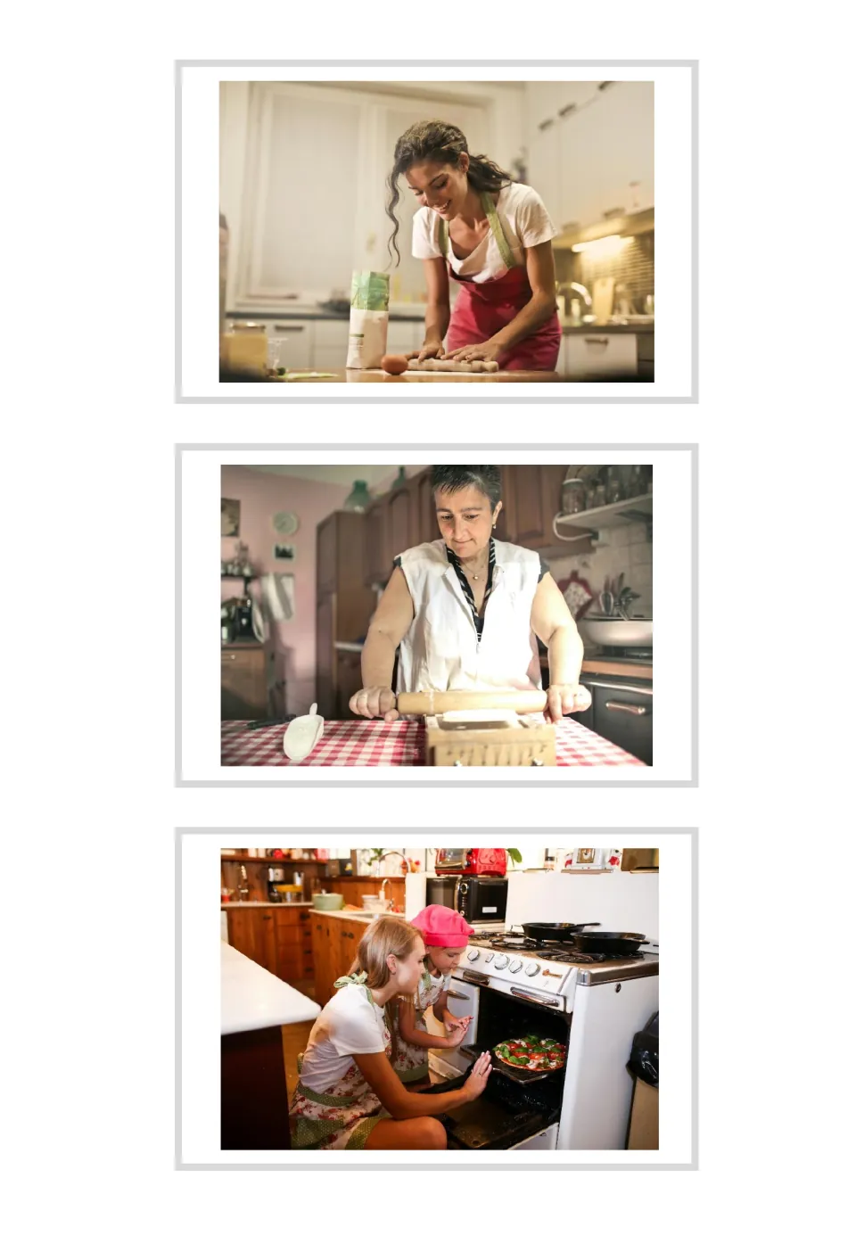 Three unlabeled baking photo cards for German verb vocabulary: kneading dough, rolling dough and oven baking