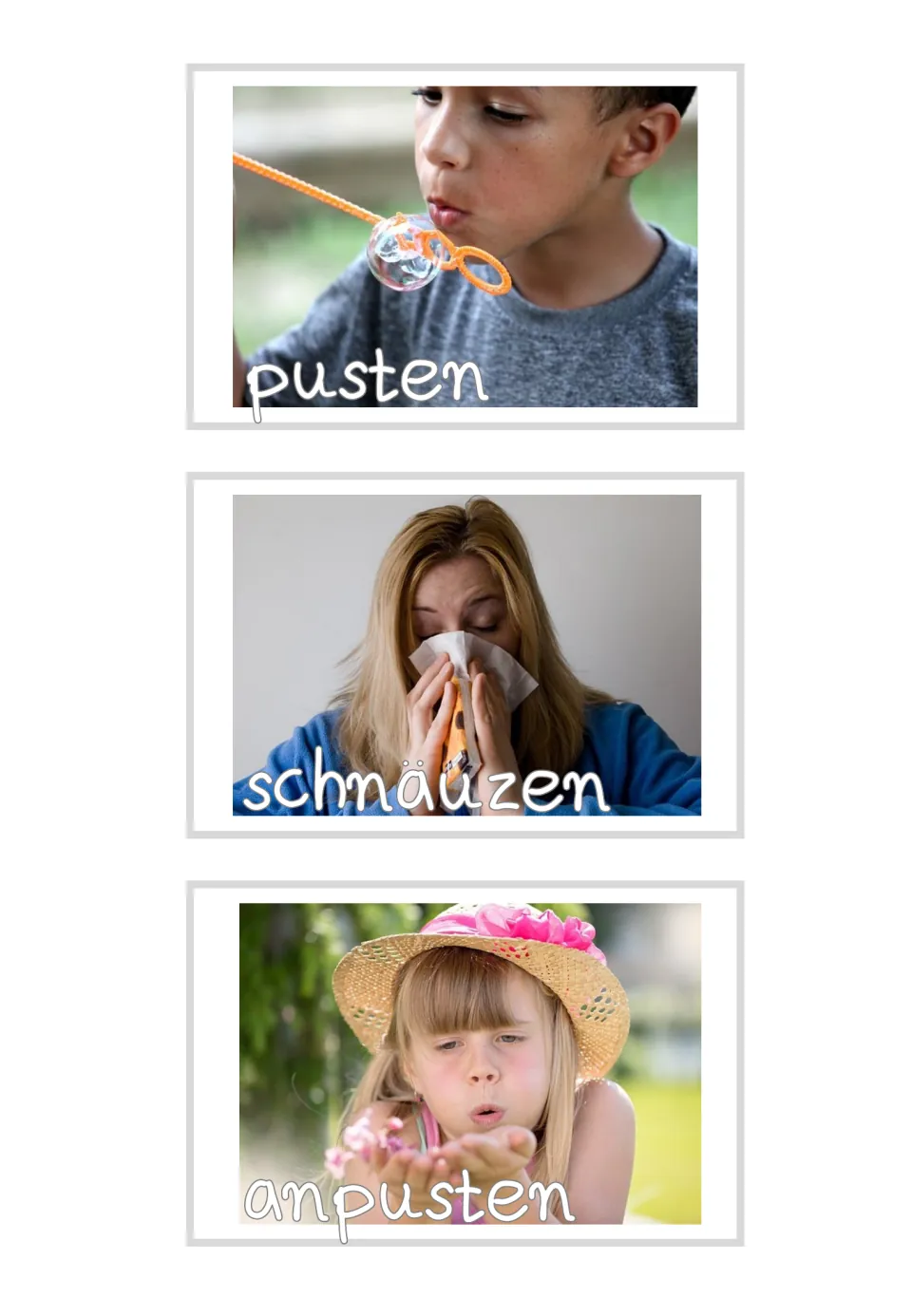German blowing photo cards labeled pusten (blow), schnäuzen (blow one's nose) and anpusten (blow on something)
