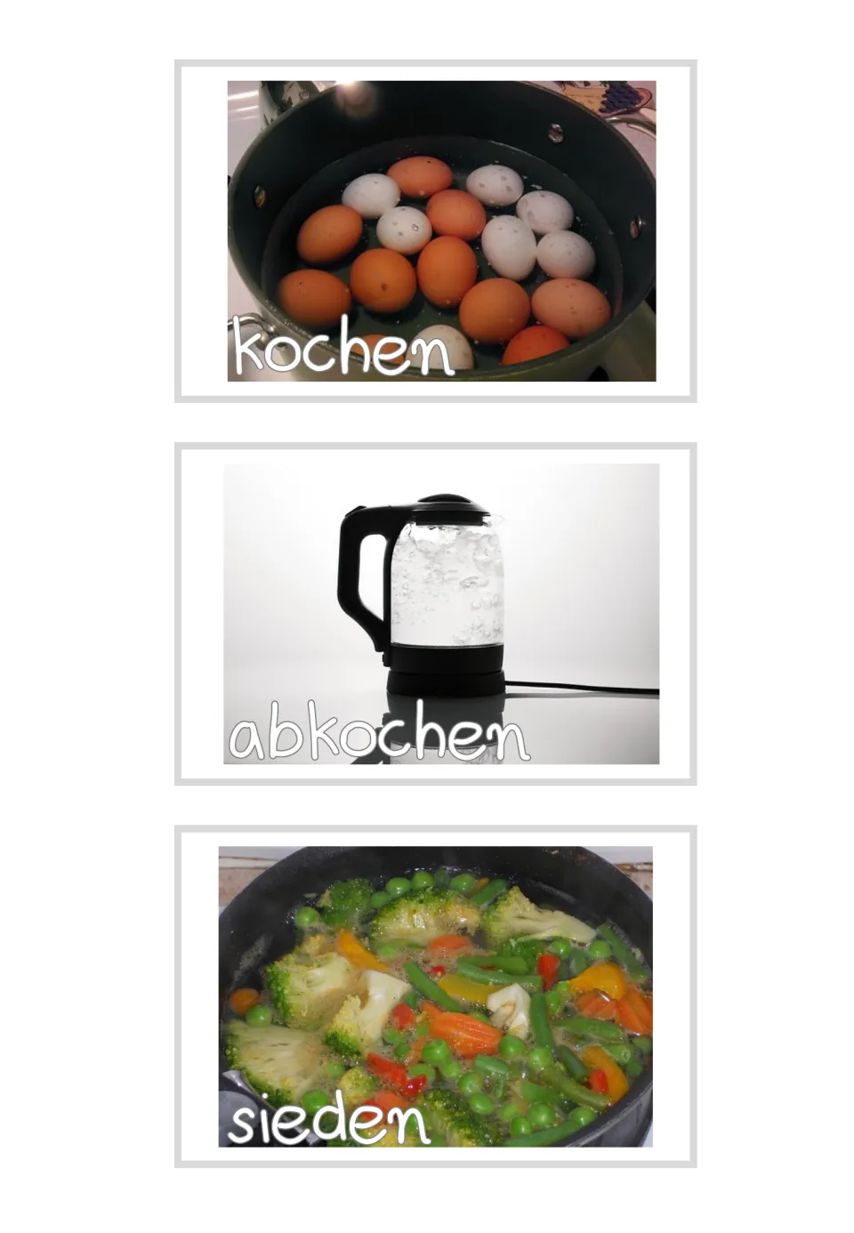 German boiling photo cards: eggs labeled kochen (boil), kettle abkochen (boil water) and vegetables sieden (boil)