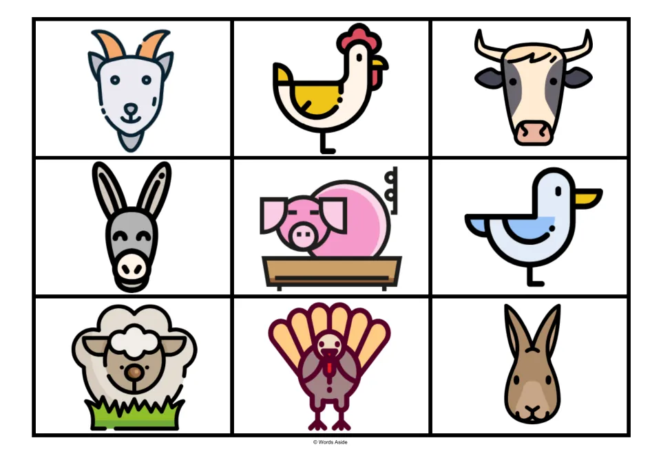 Farm animal matching board 6: nine color symbols rearranged, with goat first and a pig at a trough in the center