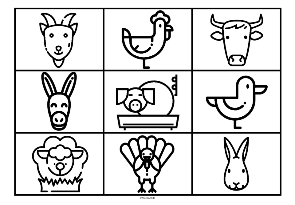 Farm animal matching board 10: nine outlines to color, rearranged with goat first and rabbit last