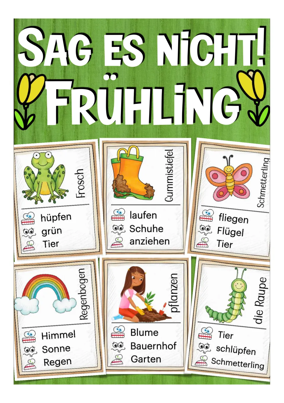 German spring word game cover titled 'Sag es nicht! Frühling' (Don't Say It! Spring), showing six sample cards