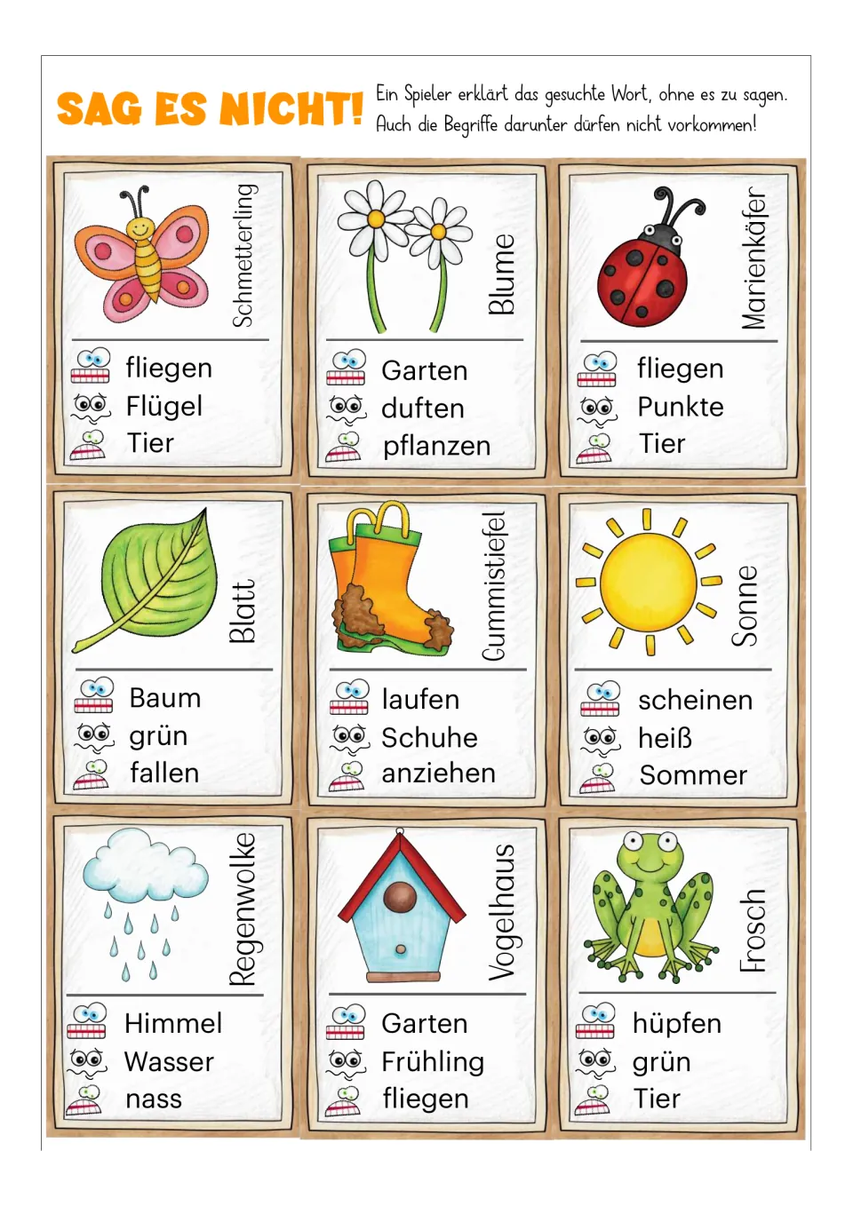 German game cards 1–9: Schmetterling (butterfly), Blume (flower), Marienkäfer (ladybug), and six more