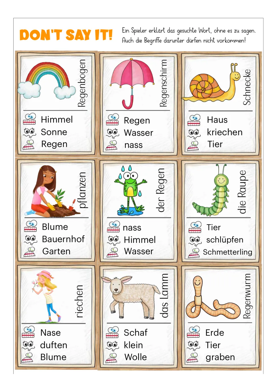 German game cards 10–18: Regenbogen (rainbow), Regenschirm (umbrella), Schnecke (snail), and six more
