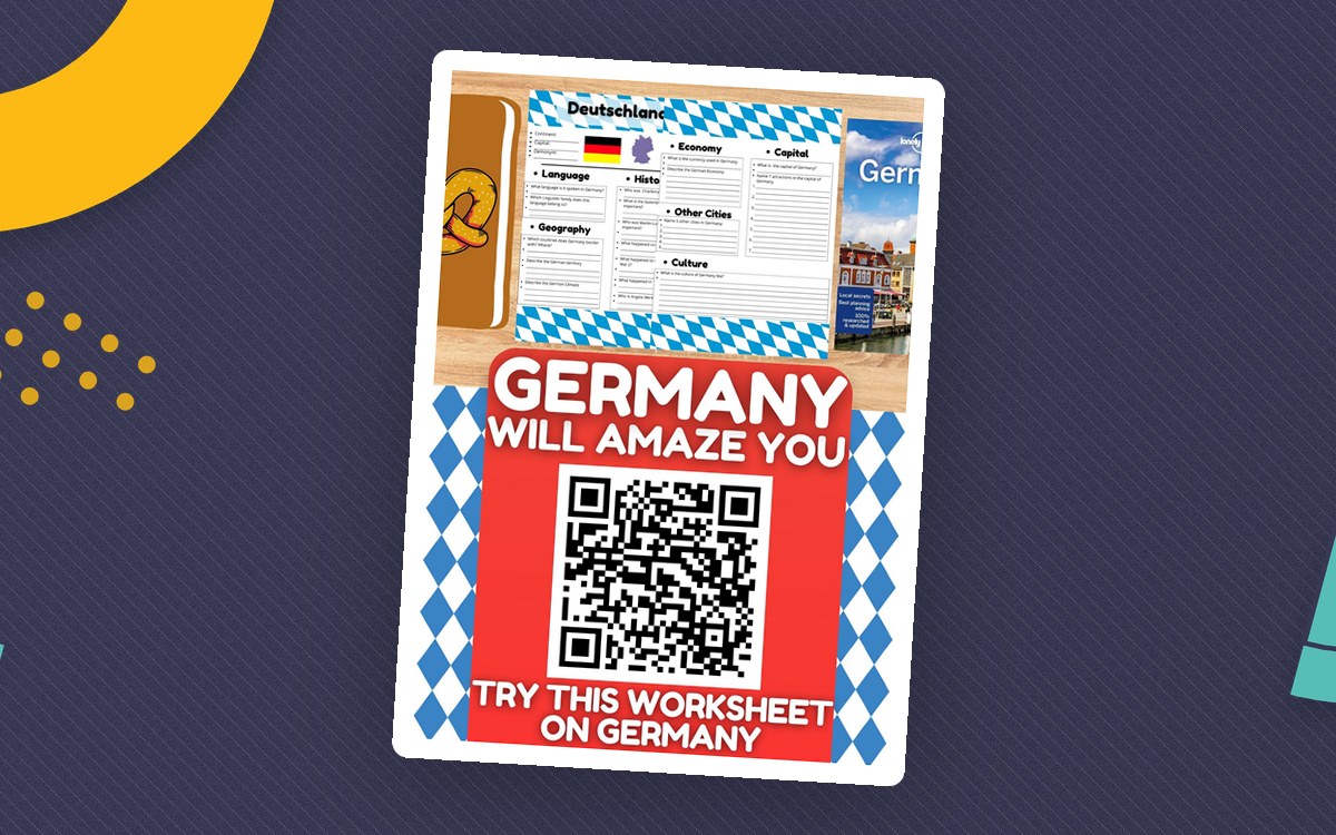 Germany country-study worksheet cover with a geography organizer, German flag, city photograph, and QR code.