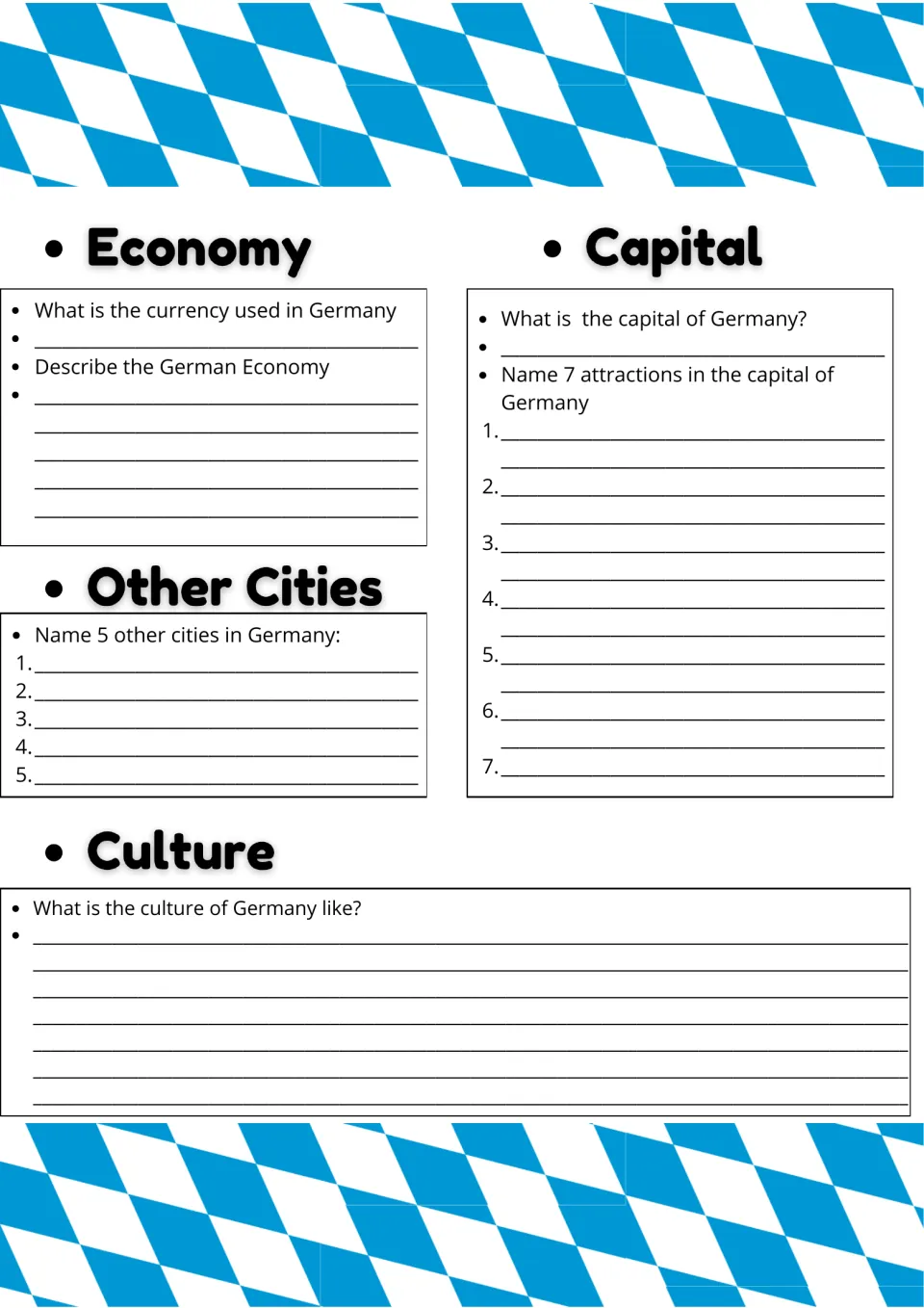 Economy and places: students give the currency and capital, list 7 sights there plus 5 other cities, then describe culture