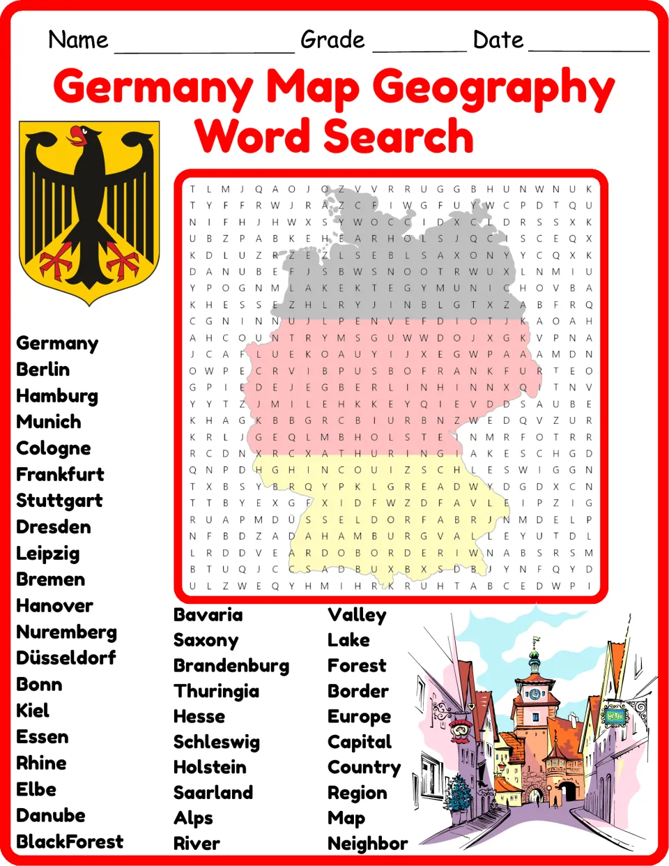 Germany word search in color: students find 40 places and terms like Berlin, Rhine, Bavaria and Alps hidden over a flag map