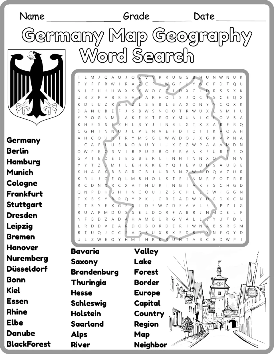 Black-and-white Germany word search: students hunt for cities, states and rivers such as Munich, Saxony and Elbe