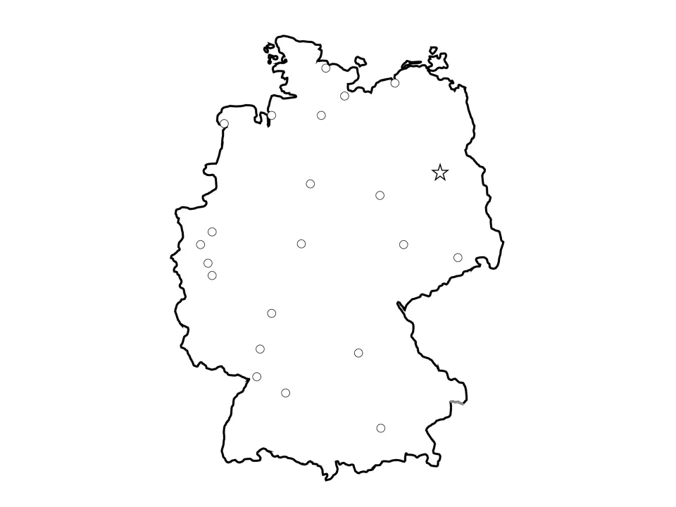 Unlabeled Germany map with 21 city dots and a star for the capital; students write in each city name