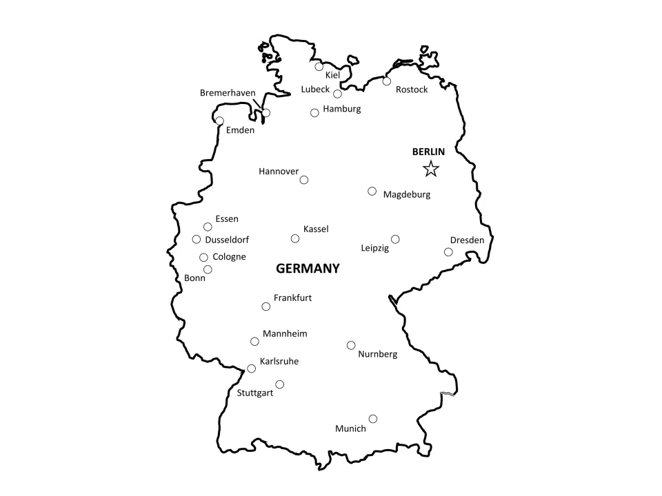 Labeled Germany map of Berlin and 21 cities, including Hamburg, Munich, Cologne, Frankfurt and Dresden