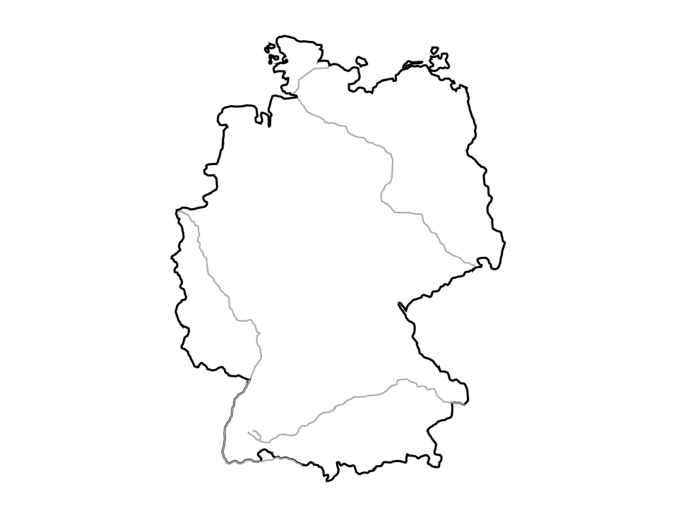 Germany outline map tracing the Rhine, Elbe and Danube rivers and the Kiel Canal, without any labels