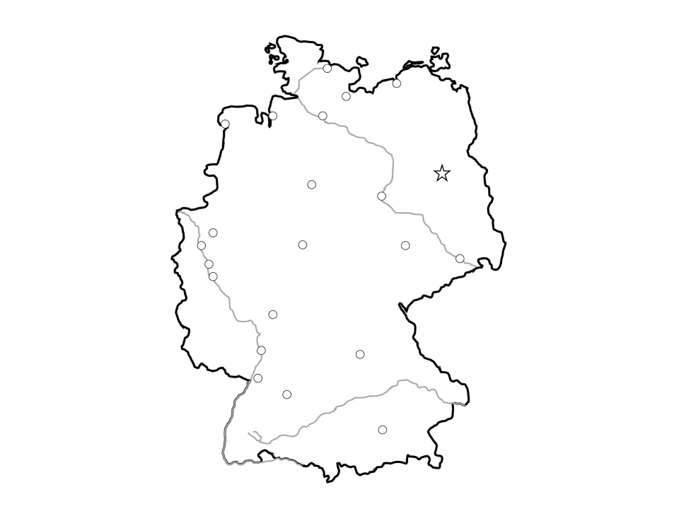 Unlabeled Germany map combining rivers, 21 city dots and the Berlin star for students to label cities and waterways