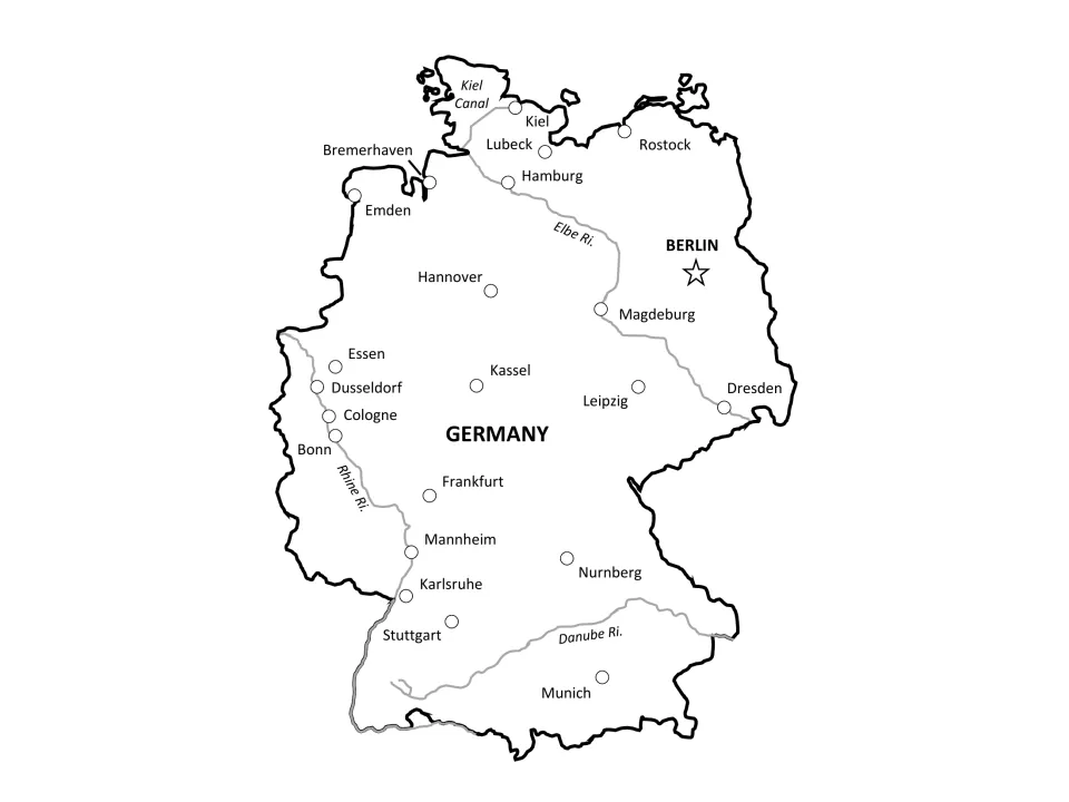 Labeled Germany map of cities plus the Rhine, Elbe and Danube rivers and Kiel Canal, with Berlin starred