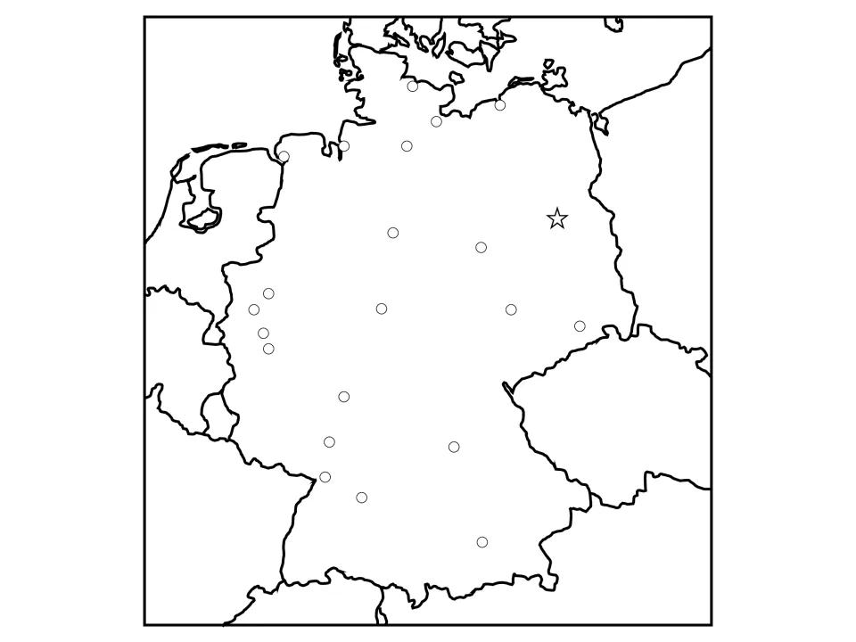 Regional map of Germany with 21 city dots, a Berlin star and unlabeled neighbors for full map labeling