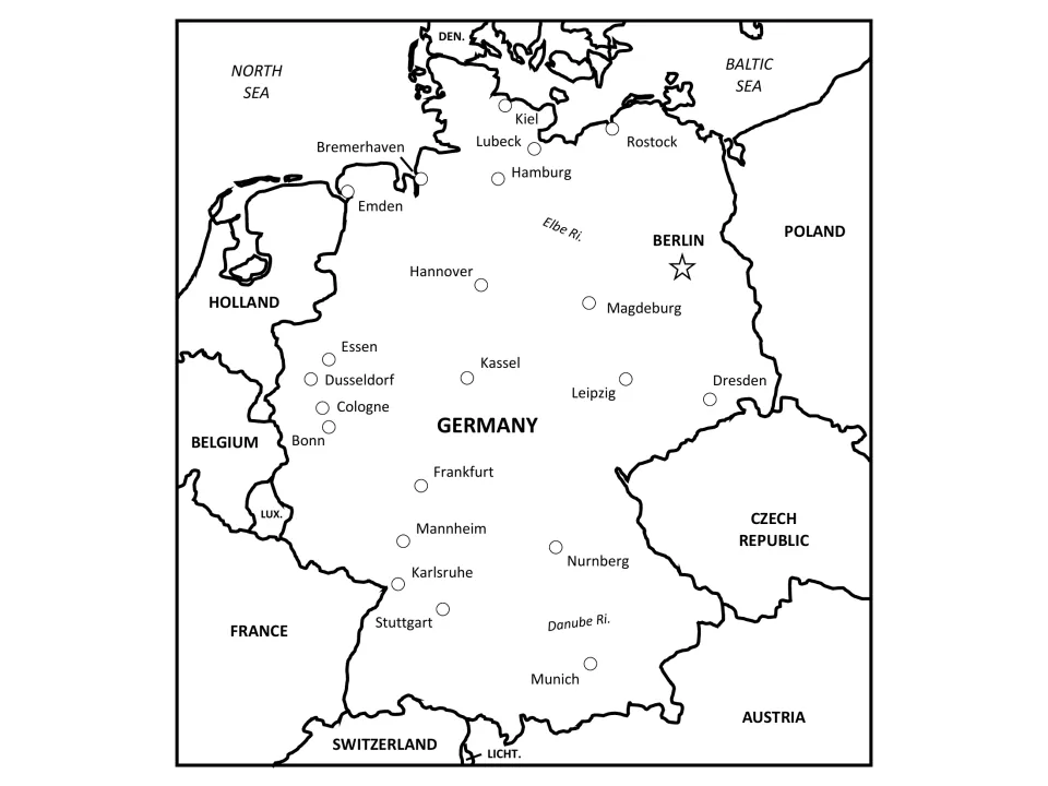 Labeled regional map: German cities, Elbe and Danube, North and Baltic Seas, and neighbors from Poland to France