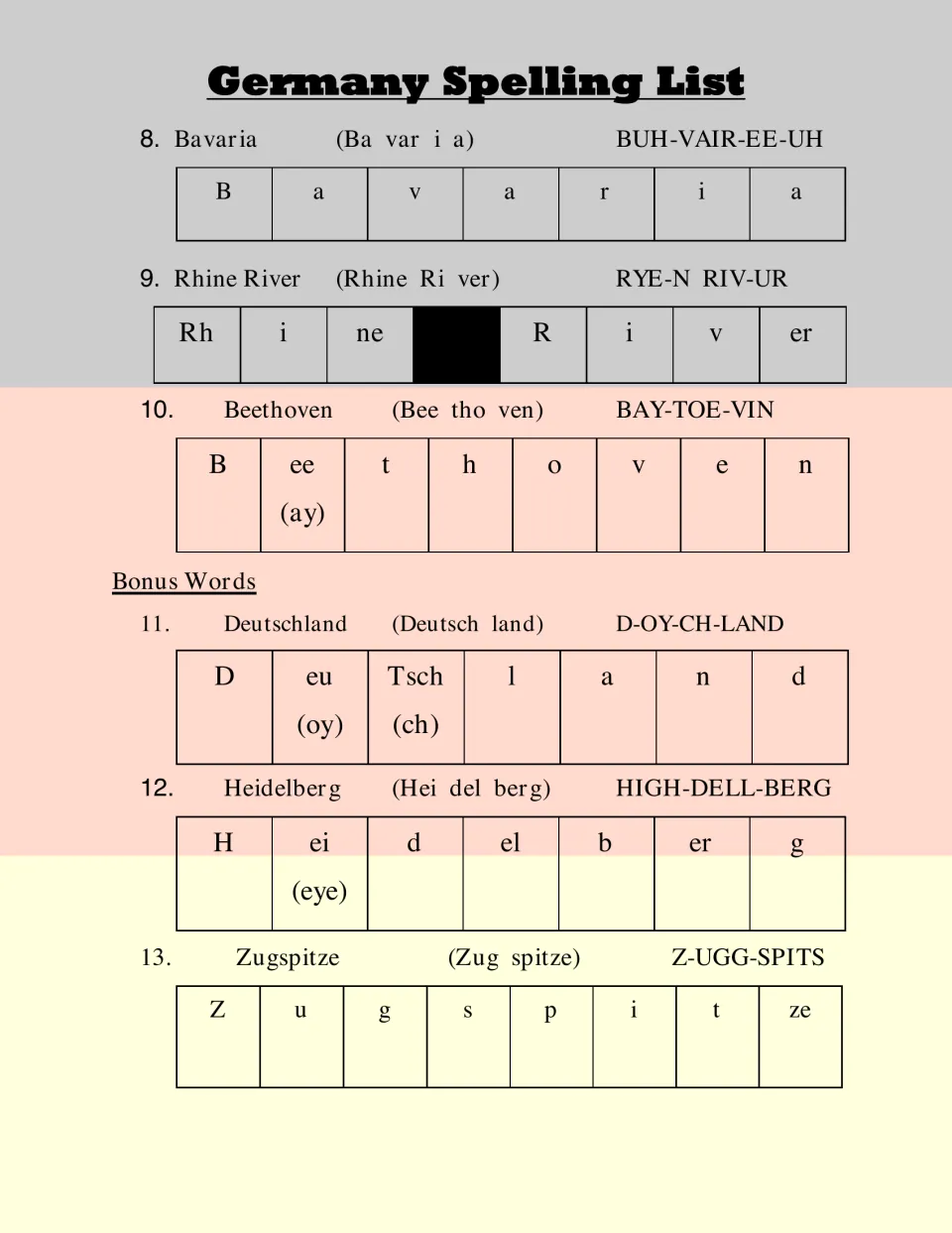 Spelling words 8-10, Bavaria to Beethoven, plus bonus words Deutschland, Heidelberg and Zugspitze, split into sounds