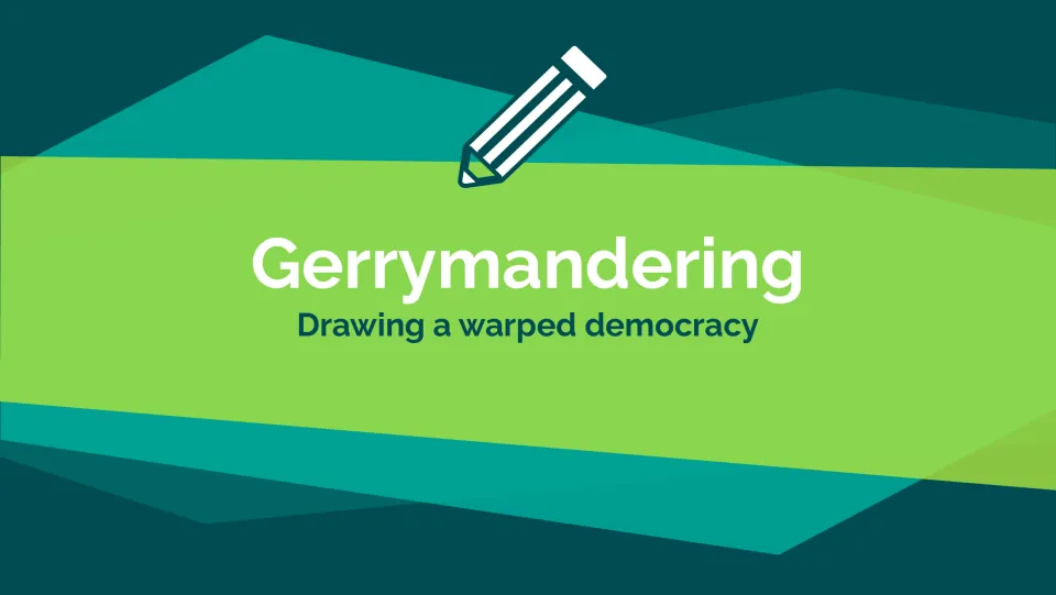 Lesson cover introducing gerrymandering with the subtitle 'Drawing a warped democracy' beneath the heading