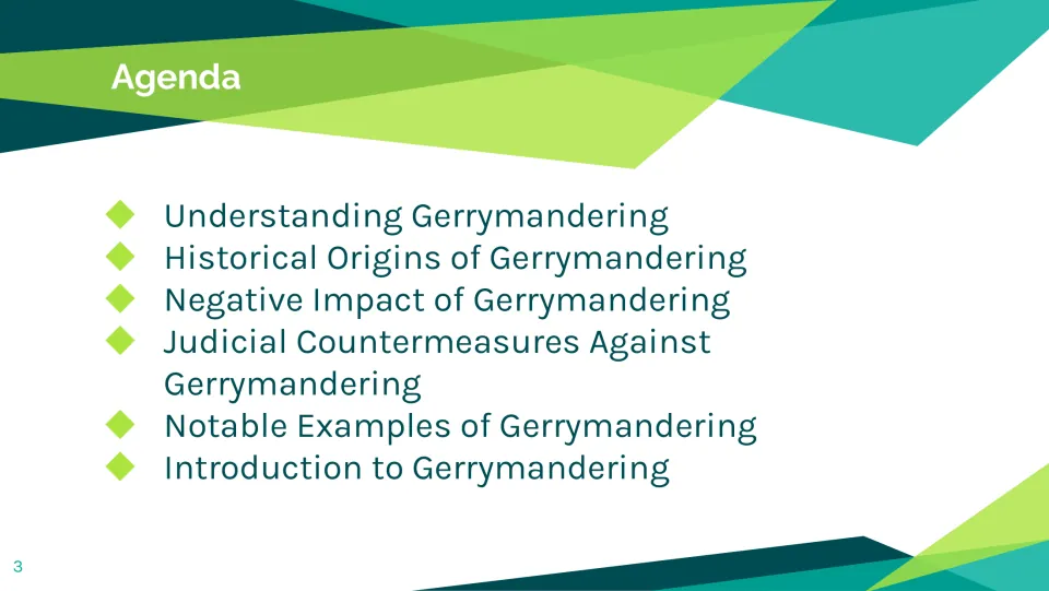 Lesson agenda slide listing gerrymandering concepts, historical origins, negative impacts, and three more topics