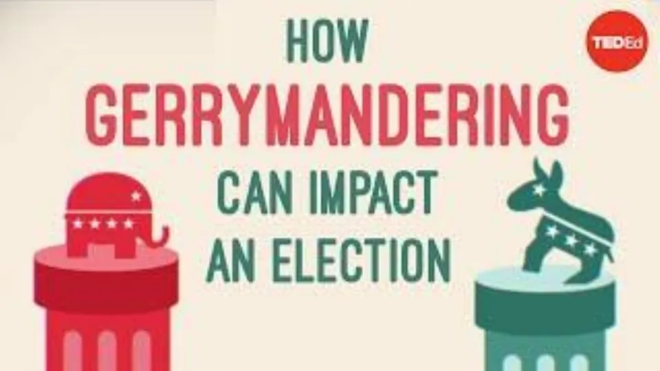 Lesson video slide titled 'How Gerrymandering Can Impact an Election,' featuring a TED-Ed thumbnail