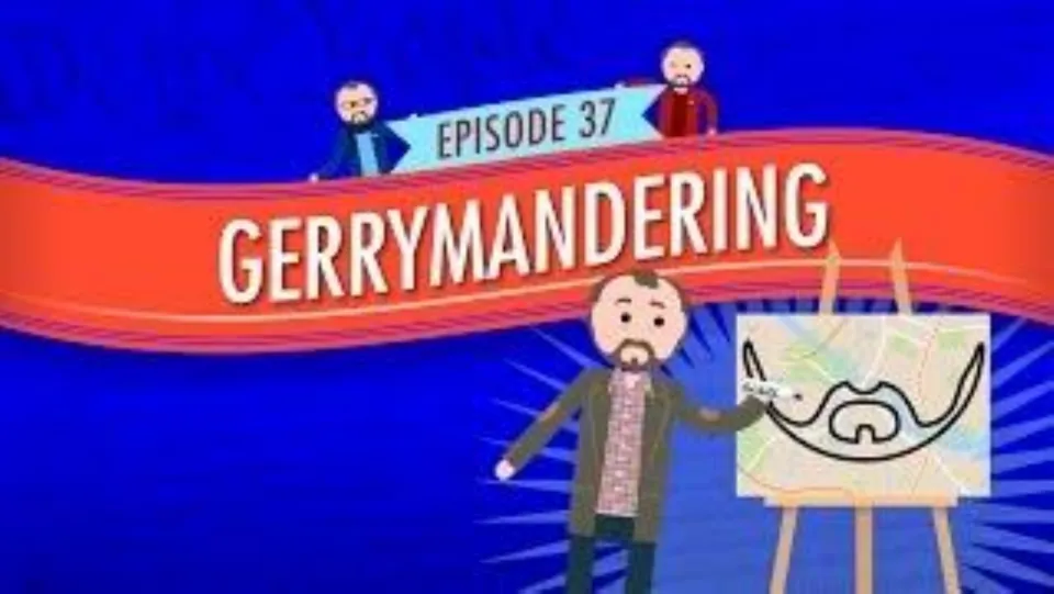 Lesson video slide showing 'Episode 37: Gerrymandering' and an illustrated presenter beside a district map