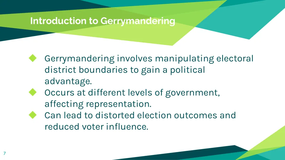 Introduction slide explaining district boundary manipulation, political advantage, and reduced voter influence
