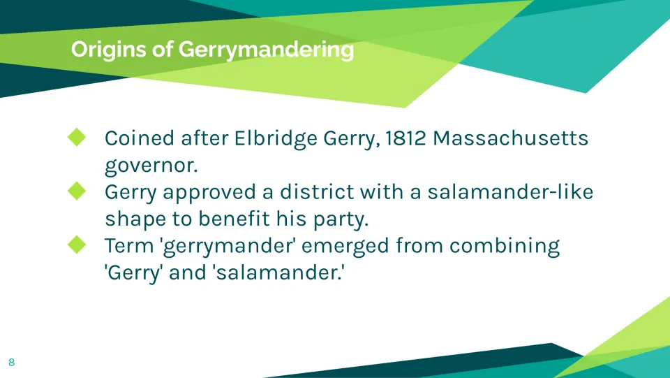 Origins slide tracing 'gerrymander' to Elbridge Gerry and a salamander-like Massachusetts district in 1812