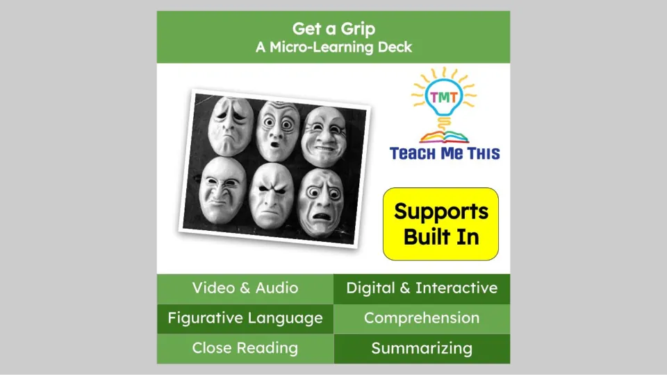 Micro-learning deck cover lists video, audio, figurative language, close reading, comprehension, and summarizing.