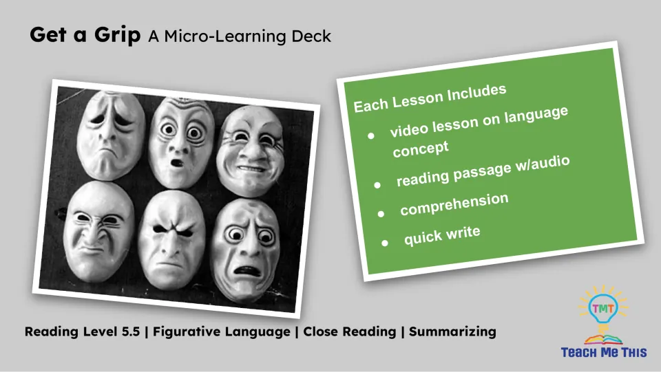 Lesson overview lists a language concept video, reading passage with audio, comprehension, and a quick write.