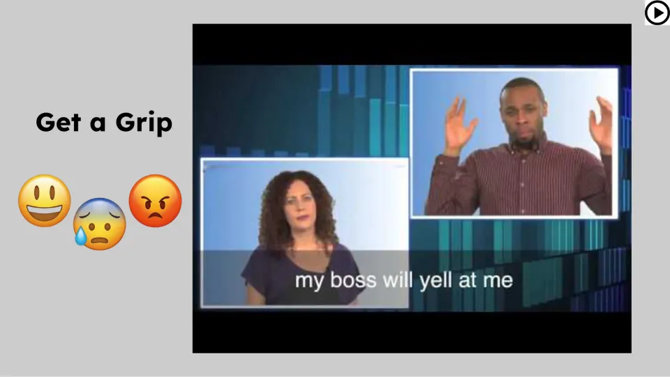 Video lesson slide introduces the idiom through a scene captioned “my boss will yell at me” and emotion symbols.