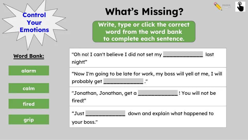 Missing-word activity revisits four sentences from Jonathan's story using the words alarm, calm, fired, and grip.