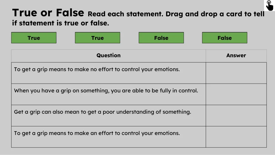 True-or-false activity asks learners to judge four statements about emotional control and understanding.