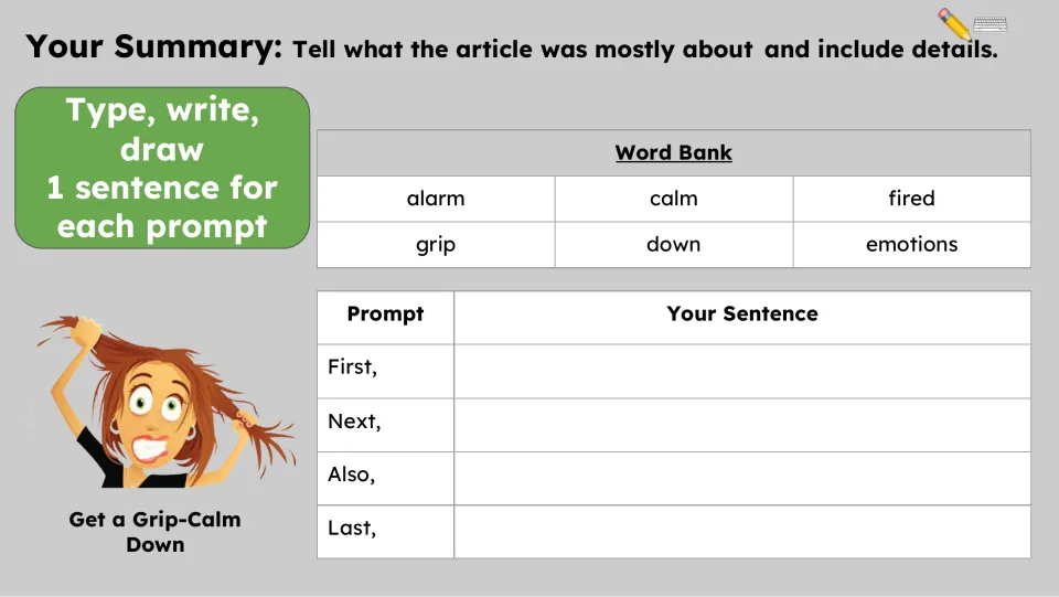 Summary activity asks for one sentence each for First, Next, Also, and Last, supported by a six-word bank.